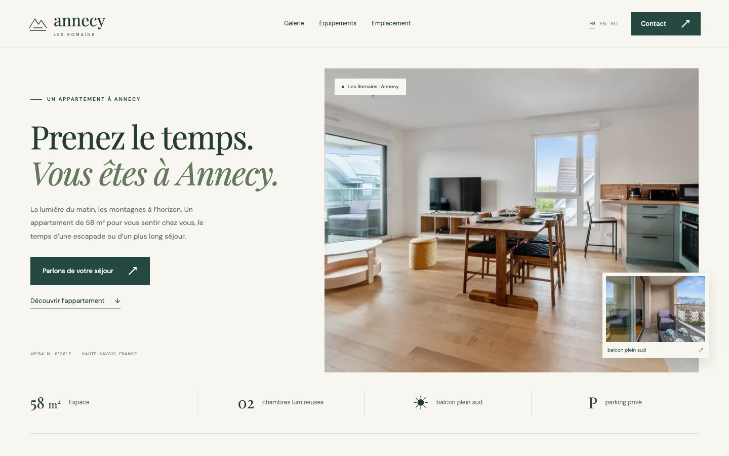 Redesigned Annecy apartment website with a cream and forest-green layout and bright apartment photography